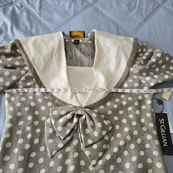 St. Gillian VTG Silk Polka Dot Midi Dress 12 Puff Sleeves Bow Collar Retro 80s - Picture 10 of 11
